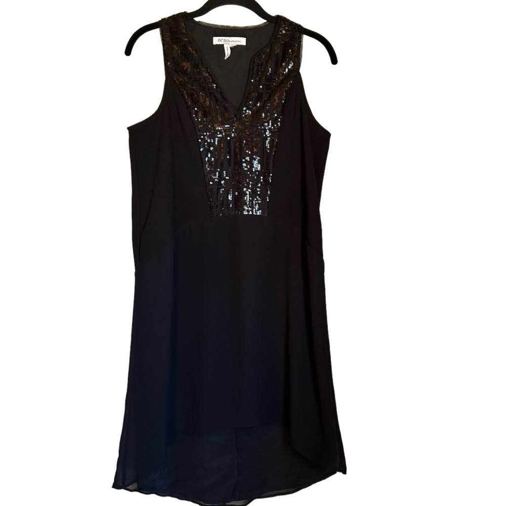 BCBGeneration Black Chiffon Sleeveless Mini‎ Dress with Sequined V-neck